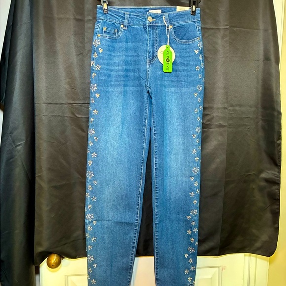 Camila Coelho Crystal Rhinestone Jeans Size 2 Medium Wash Straight Leg Fancy NWT - Picture 1 of 14